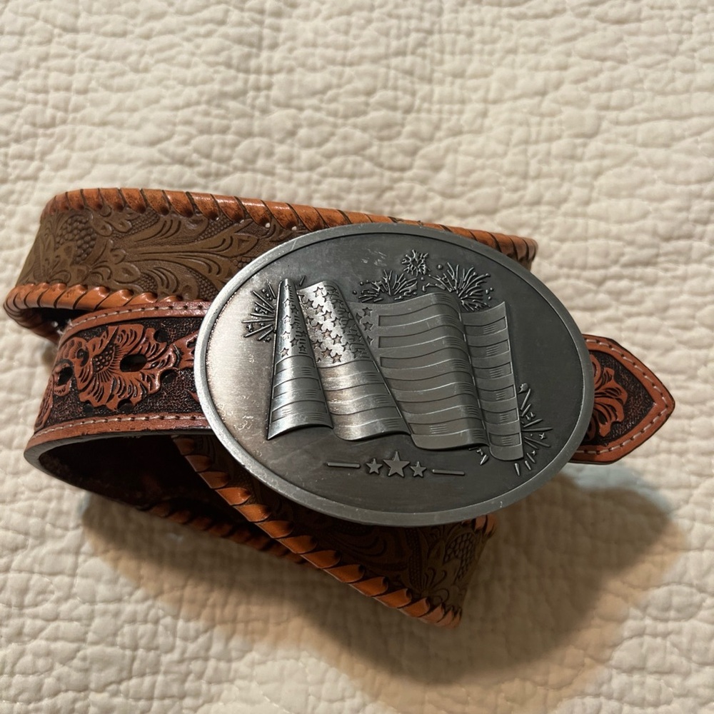 Beverage Buckle & Leather Belt Beer Holder American Flag Made In USA Shark Tank